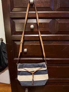 Tommy Hilfiger Navy & Cream Striped Canvas Crossbody with Tan Leather Strap